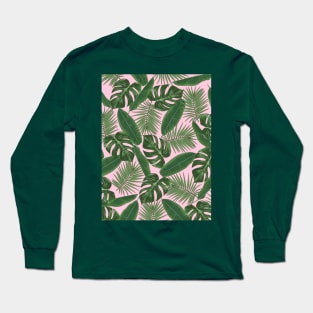 Tropical Green Leaves Pattern on Pink Long Sleeve T-Shirt